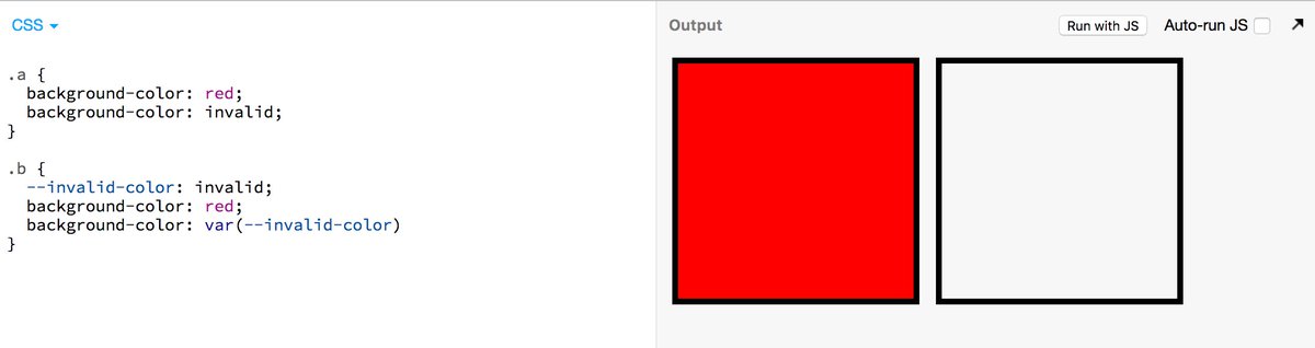 DasSurma's tweet image. Another TIL from the #csswg: Custom properties would make the CSS fallback mechanism very expensive, so they are spec’d to not fall back.