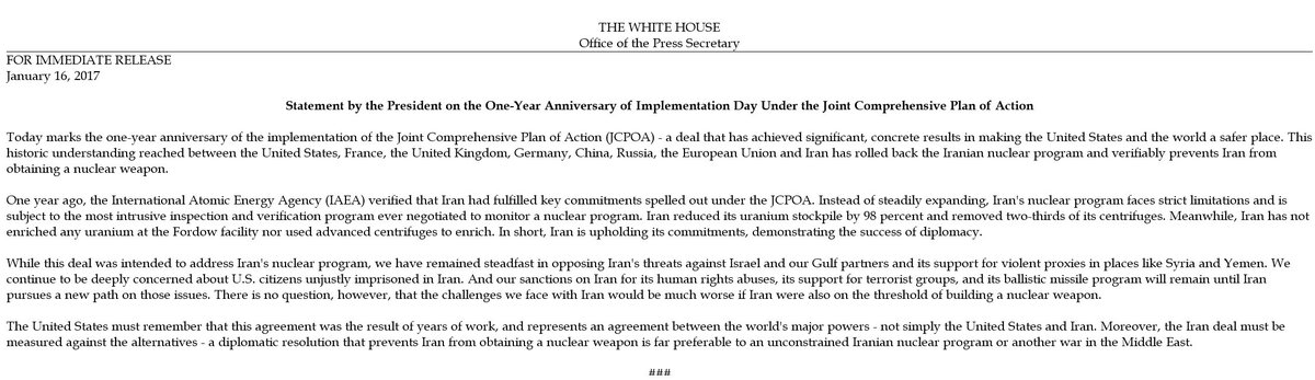 Statement by <a href="/POTUS/">President Donald J. Trump</a> on the One-Year Anniversary of Implementation Day Under the Joint Comprehensive Plan of Action:
whitehouse.gov/the-press-offi…