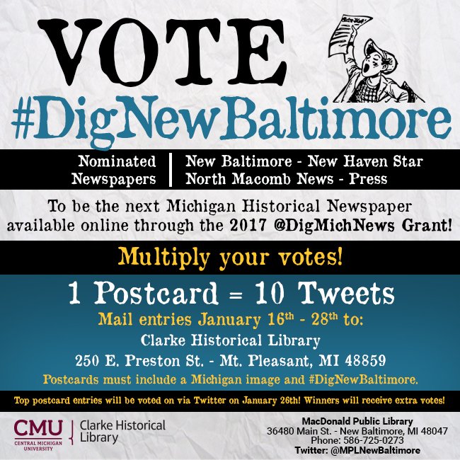 DigMichNews's tweet photo. Submit a postcard for 10 votes towards your favorite Michigan Newspaper @MPLNewBaltimore #DigNewBaltimore https://t.co/vlZPlOSrpp