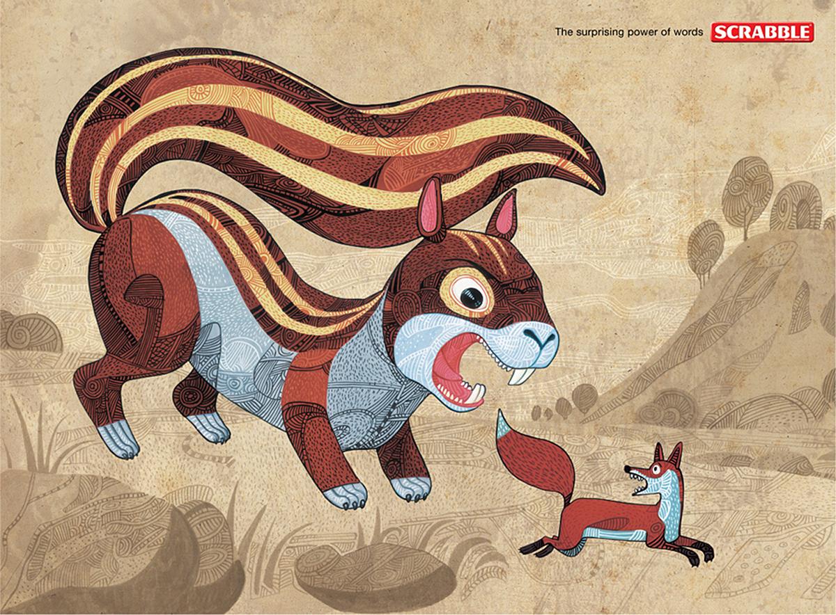 Envelop's tweet image. De woordwaarde van 'SQUIRREL' is groter dan die van 'FOX'. Mooi geïllustreerde @Ogilvy-campagne (2010) voor @Mattel's woordspel #Scrabble.