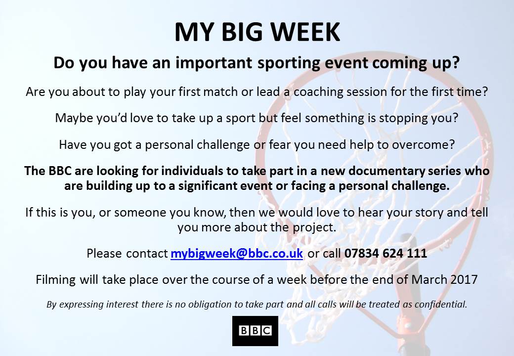 Hi <a href="/WandsworthNC/">Wandsworth Netball</a> - New #BBC2 obs doc series would love to hear from people with an important sporting event coming up - Please RT! #sport