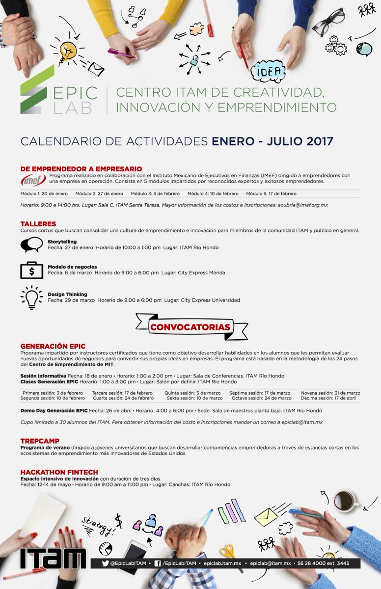 EpicLabITAM's tweet photo. ¡Les compartimos el calendario de actividades de EPIC Lab! @ITAM_mx #emprendeores #startups https://t.co/TK4rK1C1Xv