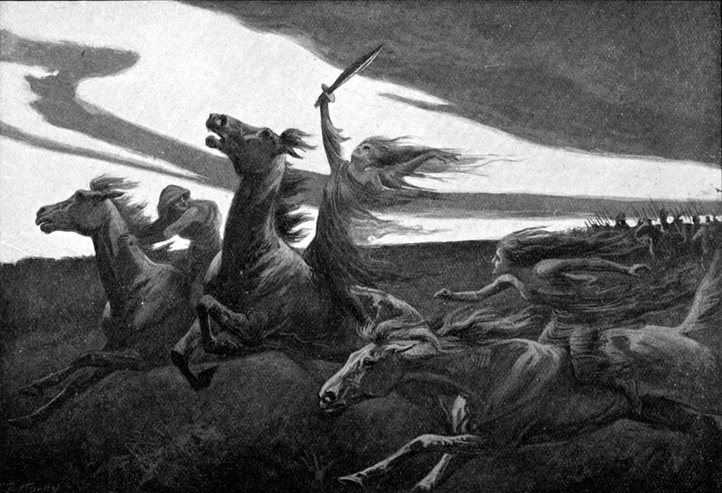 StoriesCast's tweet photo. The Dises were female, Norse spirits associated with Fate. This depiction is by Dorothy Hardy (1909). #folktales #NorseMythology https://t.co/m0Xa9jn8mx