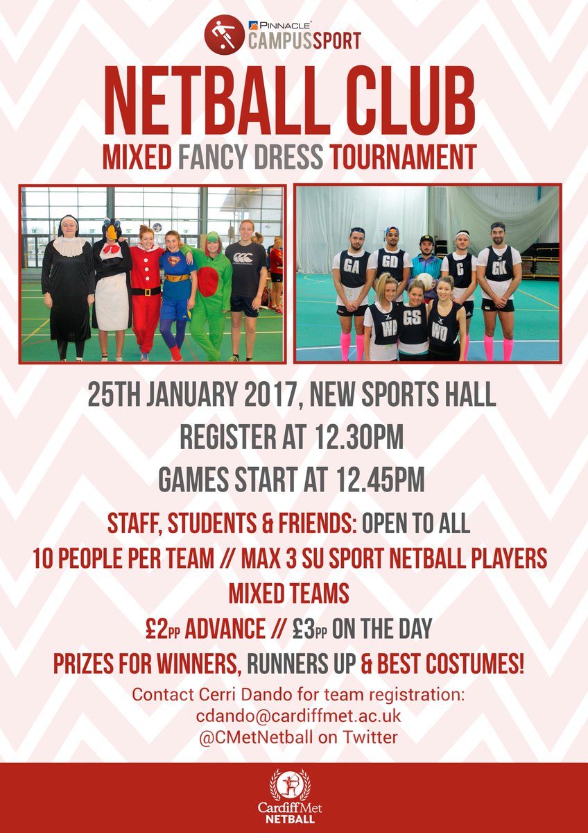 CMet Netball have their annual mixed fancy dress tournament on 25th January in the Archers Arena! Click on the poster for more details!