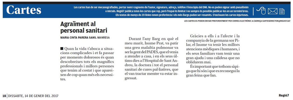 StAndreuSalut's tweet photo. El passat dissabte 14 de gener la Sra. Parera va dedicar-nos unes línies d'agraïment al @diariRegio7. Moltíssimes gràcies! #OrgullFSSM https://t.co/dKW4THlYa3