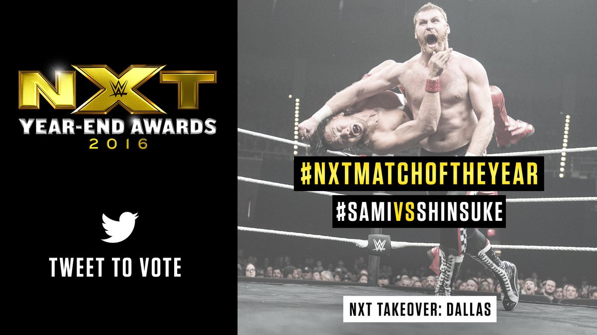 WWENXT's tweet photo. RT to vote for #SamiVsShinsuke as #NXTMatchOfTheYear in the #NXTYearEndAwards. @iLikeSamiZayn @ShinsukeN https://t.co/sZVUDueVhu