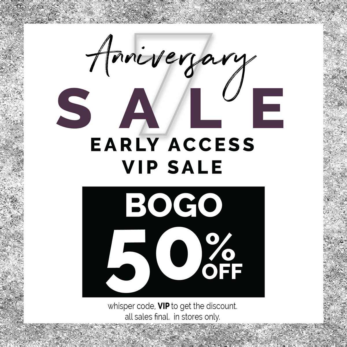 Anniversary Sale is here! Head to your local Runway Seven and get BOGO 50% off your entire purchase!!

Directions: ow.ly/kAlL307WwJJ