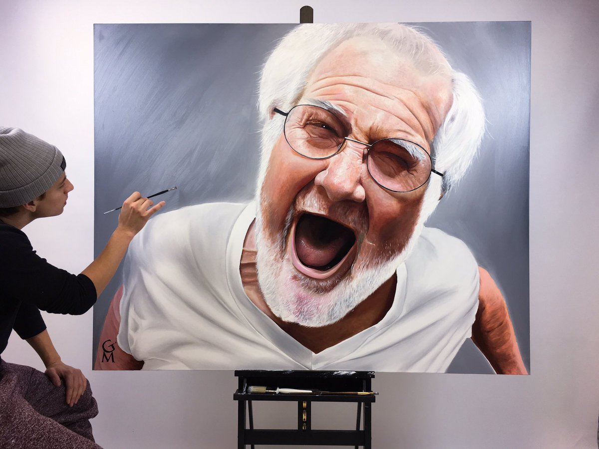 sharemystorygio's tweet photo. After painting for only 10 months, I have reached hyperrealism status! Here is the final product of @TheAngryGrandpa's oil painting!! 🎨😱 https://t.co/hBYnnwbLYN