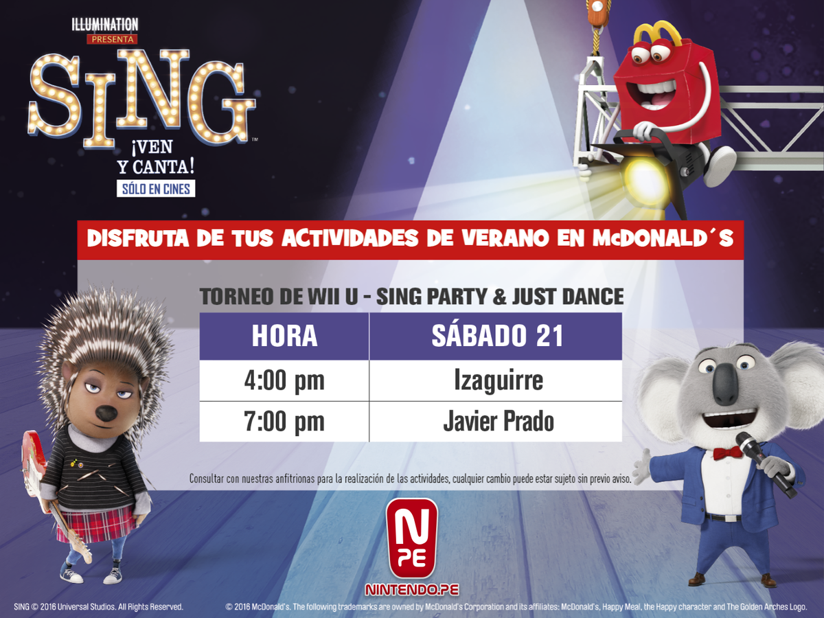 Nintendo_Pe's tweet photo. ยกEste sรกbado 21 continuamos con los torneos de #JustDance y #SingParty en @McDonalds_PER! Locales: Izaguirre y Javier Prado. #SingVenYCanta https://t.co/n1Kn7f9fNA