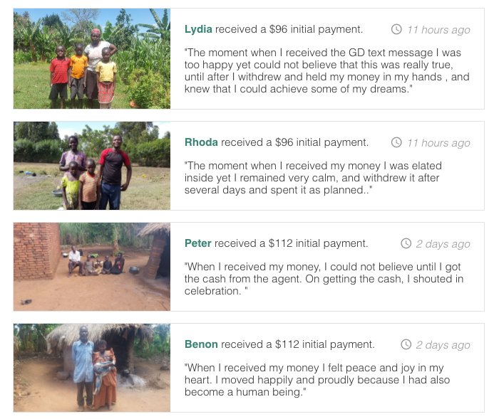 GiveDirectly's tweet photo. Check out answers to the new #GDLive question: "Describe the moment when you received your money. How did you feel?" https://t.co/Jve2dJ5yRO https://t.co/yW8vc1KyTh