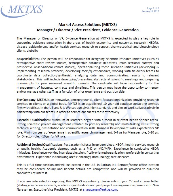 MKTXS_LLC's tweet photo. We r hiring for Evidence Generation and Market Access positions! Do visit us @www_healthecon career fair: https://t.co/78JisMNvsr https://t.co/fUnG5ZWgjp
