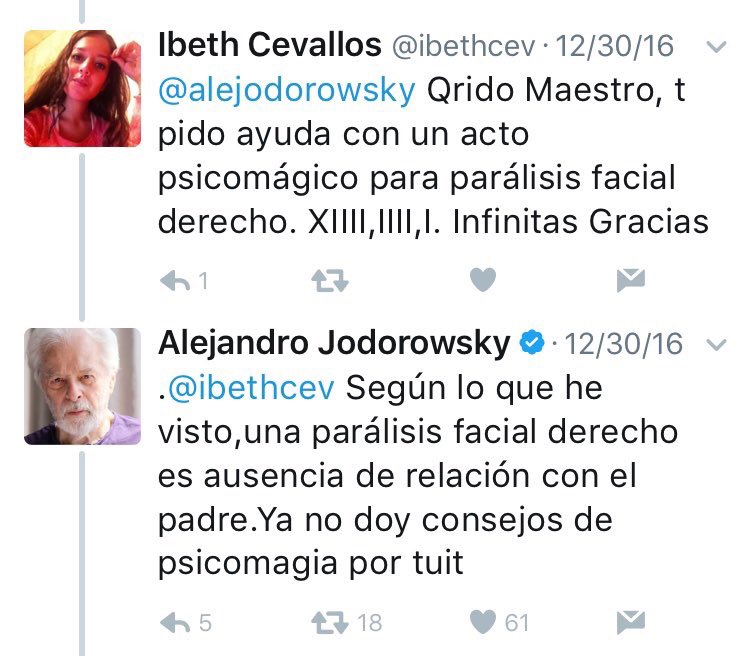 Una parálisis facial derecha es falta de relación con el padre. Ya no doy consejos de psicomagia por tuit