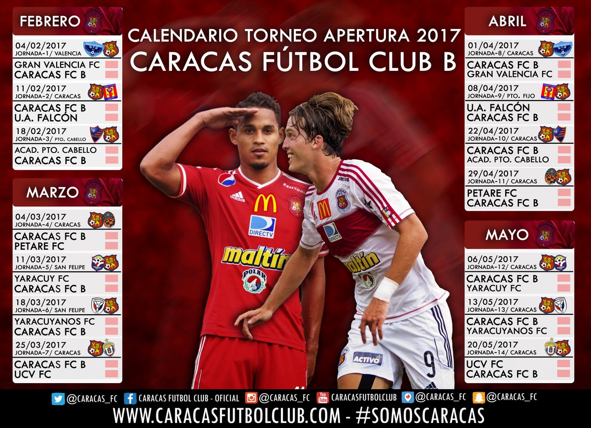 Caracas_FC's tweet photo. #Filial | El #CaracasB ya conoce el calendario del #Apertura2017, que arrancará el 04 de febrero ¡Chequealo! 👇🔝 #SomosCaracas #DaleRo #FutVe https://t.co/et98KoQSuw