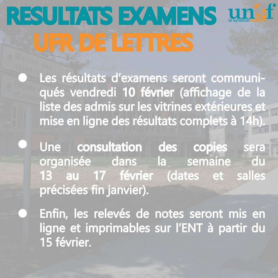 UNEFAngers's tweet photo. Les informations sur les résultats d'examens ! rendez vous début février pour notre permanence #SOSExam https://t.co/p4USy9Qd9z