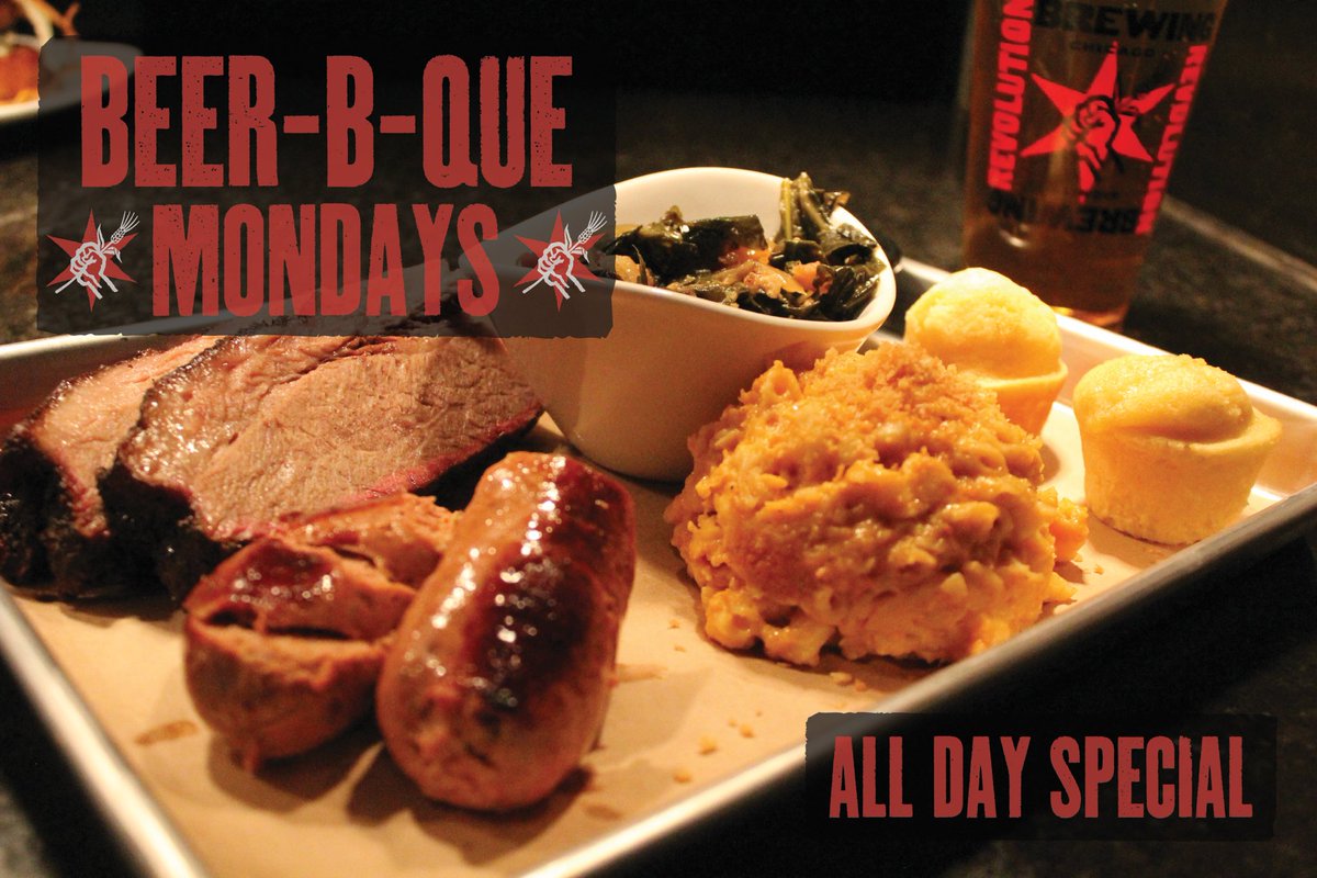 RevBrewChicago's tweet photo. #BeerBQue Mondays kickoff today at the pub. 1 pint of Cross of Gold, 2 meats, 2 sides, & cornbread for $15. Available all day every Monday! https://t.co/TW2MYFXRFT