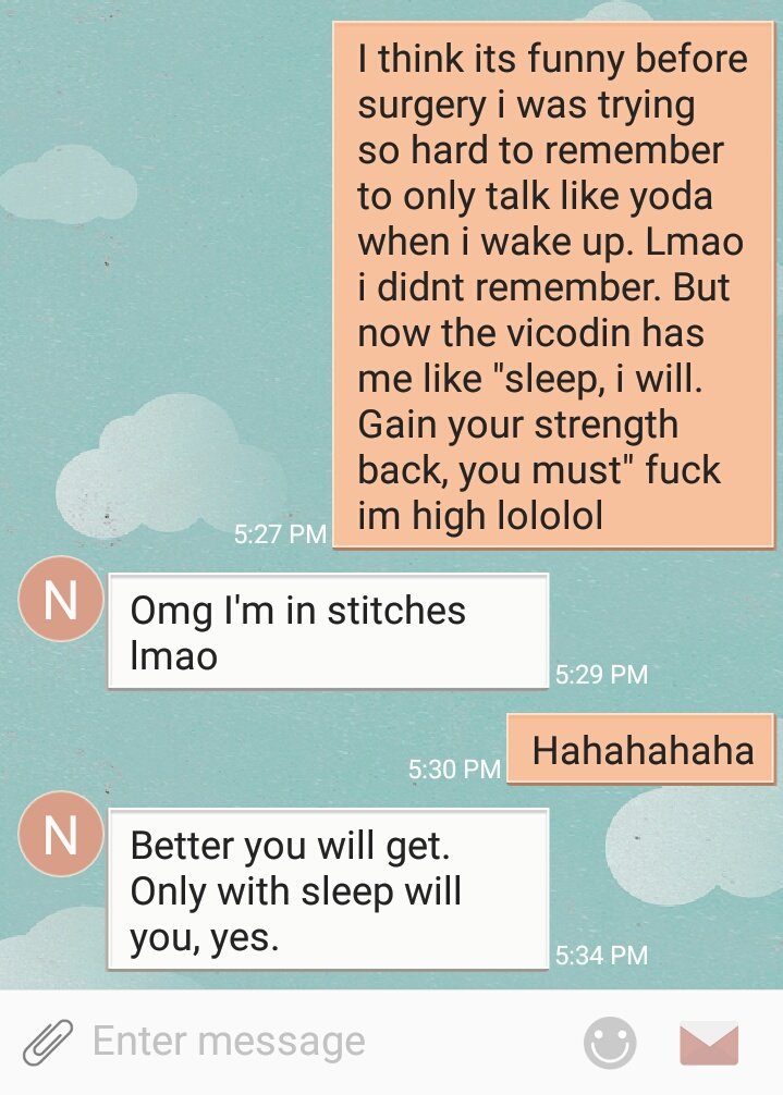 magdelynnw's tweet photo. 😂😂😂 #merightnow #preop #sedation #postsurgerythoughts #StarWars #Yoda @_nicity_ https://t.co/sdkrdtBaNu