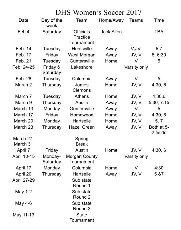 D_HighSoccer's tweet photo. 2017 Lady Raiders soccer schedual is out!!! First official game is Feb. 14 @huntsville high. https://t.co/yg3CD6k2vq