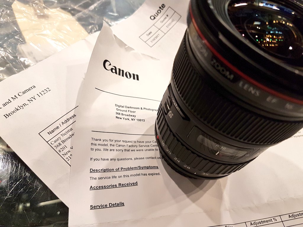 Casey's tweet photo. WHY @CanonUSAimaging ?  refusing to fix a $1500.00 lens bcause it's 'service life has expired'?  thanks for the loyalty... time for a @Sony https://t.co/X0pfLujPWq