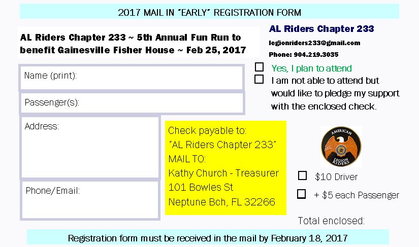 ALR233FL's tweet photo. Jacksonville, FL!  Saturday, February 25th!  Fun Run to benefit Gainesville @FisherHouseFdtn #legionfamily #jaxevent #forthecause #rides https://t.co/x9ipfup1RB