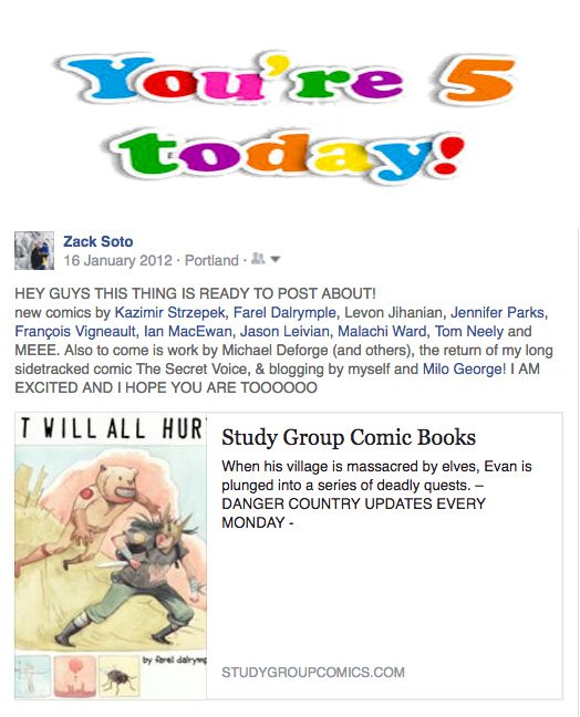 This is wild: 5 years ago today, we started posting some of the best alt-webcomics around on <a href="/studygroup12/">Study Group Comics</a>! studygroupcomics.com/main/