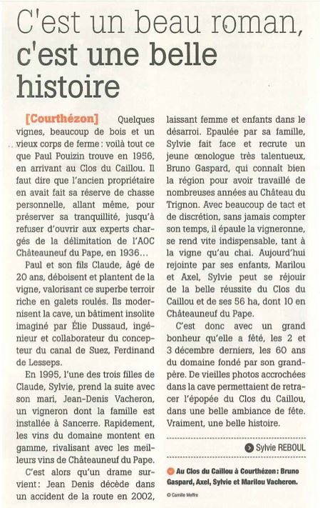 Un grand merci à Sylvie Reboul pour ce bel article sur l'histoire du <a href="/ClosduCaillou/">Clos du Caillou</a> , dans le numéro de Janvier du Magazine Le Vigneron !