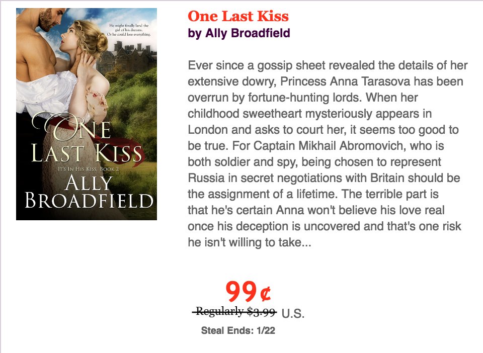RomanceSteals's tweet photo. Deception, a dowry, and one true love. Don't miss One Last Kiss by Ally Broadfield for only 99¢! #historical https://t.co/yJ7U3vtwTh https://t.co/RzNkGP4Fsu