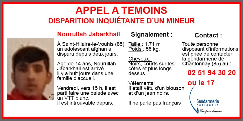 Gendarmerie's tweet photo. ❗️ #AppelÁTémoins lancé par les gendarmes de #Vendée suite à la disparition inquiétante d'un mineur âgé de 14 ans. #MerciRT https://t.co/xzz7QvvIrA