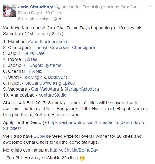 eChaiVentures's tweet photo. We'll be hosting #eChai Demo Days in 20 cities in next couple of weeks w/ awesome partners. More https://t.co/KHNurX3Xgi #StartupIndia https://t.co/oY4ApD3Frp