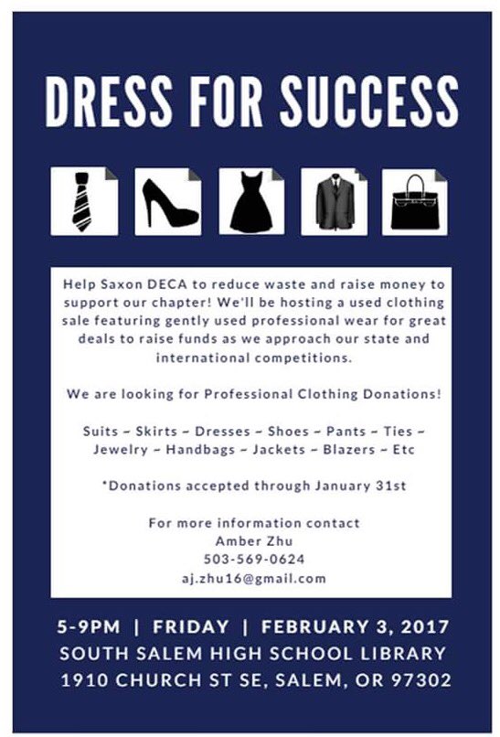 dailyDECA's tweet photo. Donate gently-used business clothes for our upcoming event, Dress for Success, on February 3rd! https://t.co/BYA5xZ0d3r