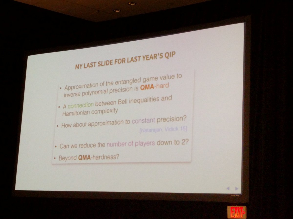 UTS_QSI's tweet photo. Zhengfeng Ji begins his talk at #QIP2017 with the last slide of his talk from #QIP2016 https://t.co/cHv6sTcguN