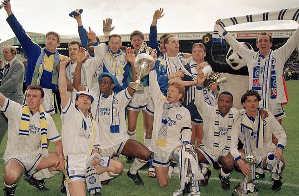 Leeds United celebrate winning the first division title in 1992.