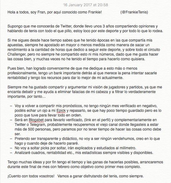FrankieTenis's tweet photo. ANUNCIO: Declaración de intenciones, mi futuro en tenis-apuestas.

-> ¿Qué opinas? https://t.co/bpt21Cxwxt