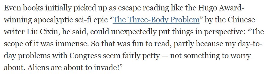 And cool to know that <a href="/POTUS/">President Donald J. Trump</a> dug The Three Body Problem. I'm about 100 pages away from finishing Book 3.