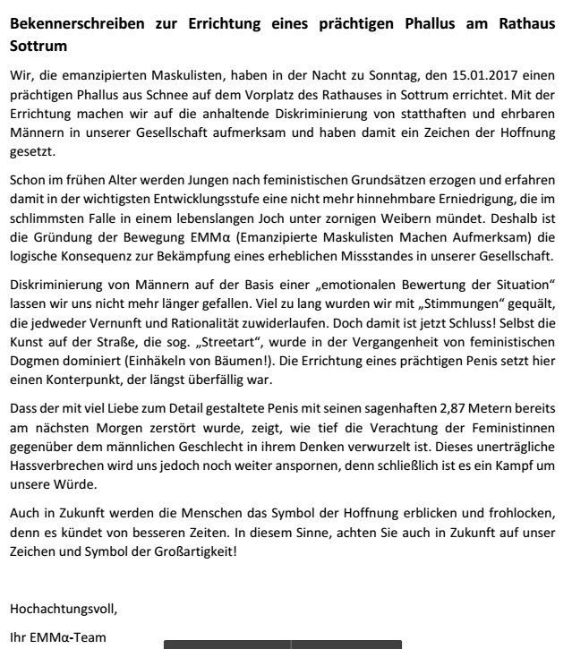EMMA2017Info's tweet photo. @BILD Herbe Niederlage für die Männlichkeit: Facebook hat unser Bekennerschreiben gesperrt. Danke für die Berichterstattung https://t.co/FElYrsYBSl