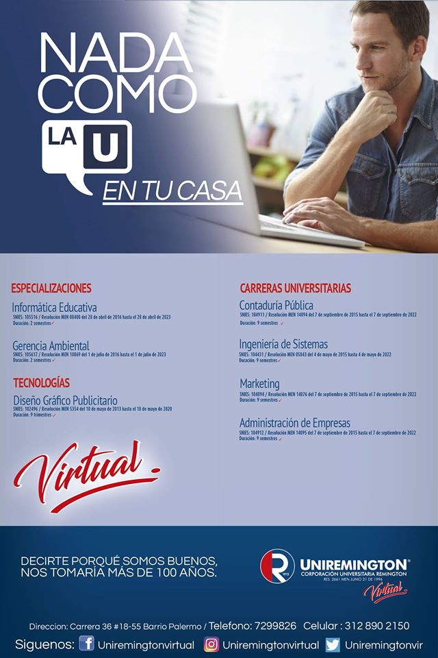 LJavierPaz7804's tweet photo. ¡UNIREMINGTON VIRTUAL PASTO (COL), UNA UNIVERSIDAD PENSADA EN TI! LLAMA YA AL CEL. +57315561952 - proyectos@funinnova.org #EstudiaVirtual https://t.co/mpYmkYC6ZL