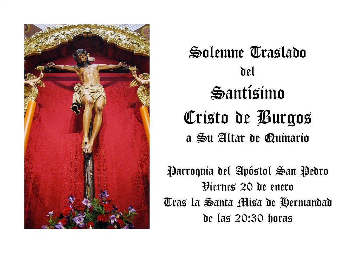 CristoDeBurgos's tweet photo. Durante esta semana se llevará a cabo la preparación del Quinario al Santísimo Cristo de Burgos.

Solemne Traslado el próximo viernes. https://t.co/NhCRUIeuL2