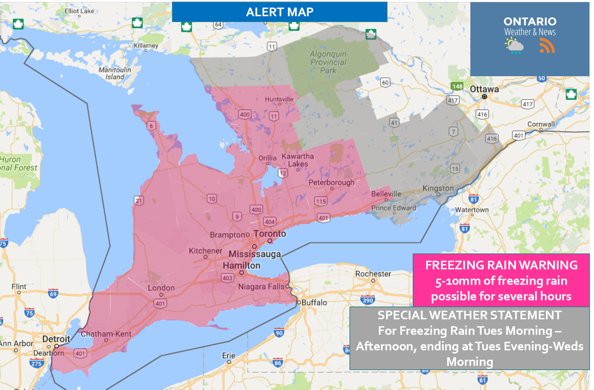 triboardbus's tweet photo. @WeatherOntario Map shows all TB under Freezing rain or weather statement. we expect more "pink" on the TB map in coming hours. #pinkisbad https://t.co/jZZjhkFnBl