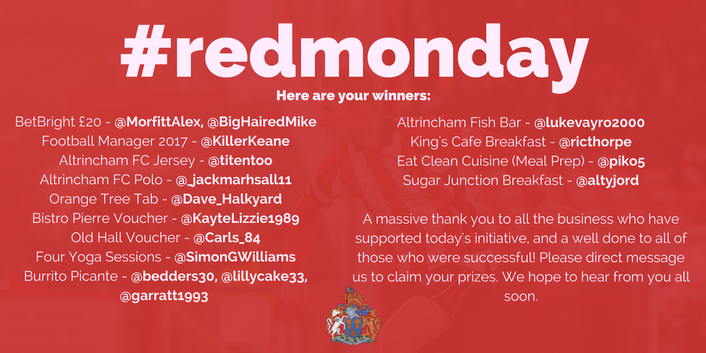 altrinchamfc's tweet photo. 👋 Hello everyone. Here are today's #redmonday winners.

Tomorrow we go back to being a Football Club account, but today has been fun! https://t.co/hEPYKzVfKA