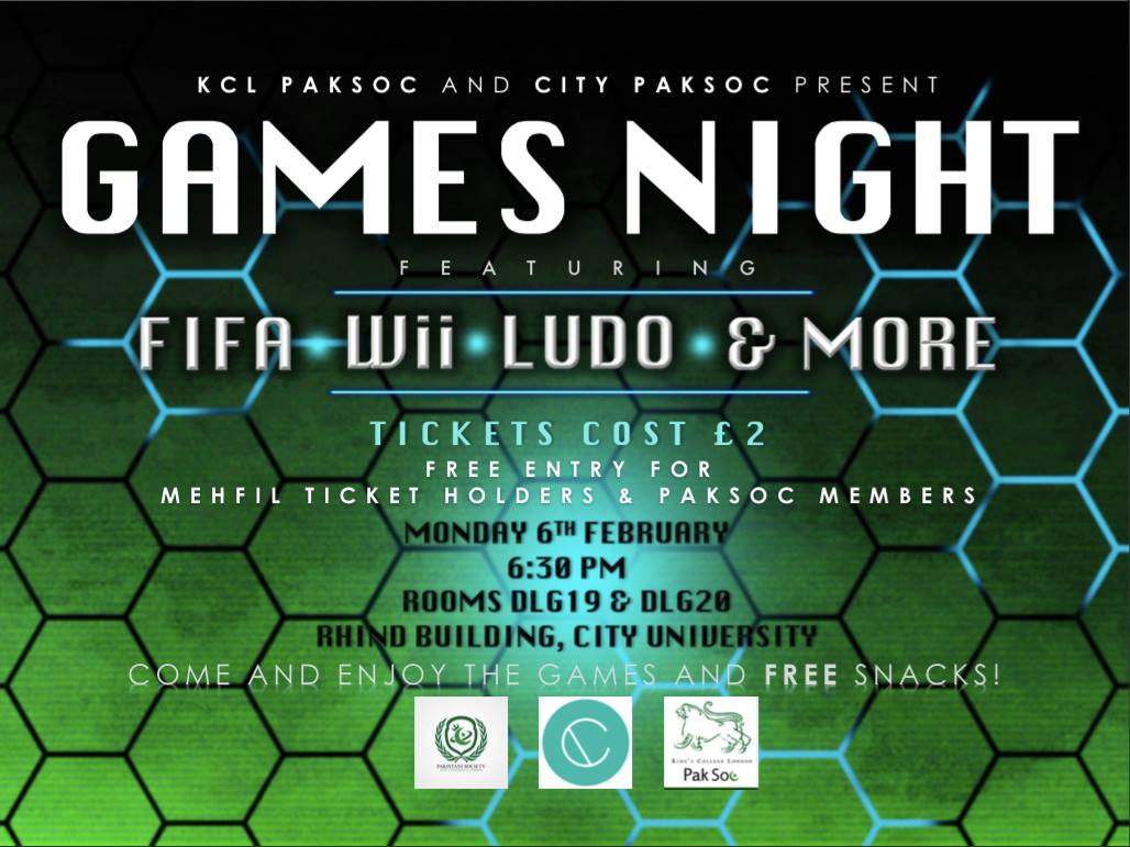 #KCLPakSoc &amp; #CityPakSoc bring you #GamesNight! #FREE for #MEHFIL ticket holders! See facebook page for details!
facebook.com/events/1100641…