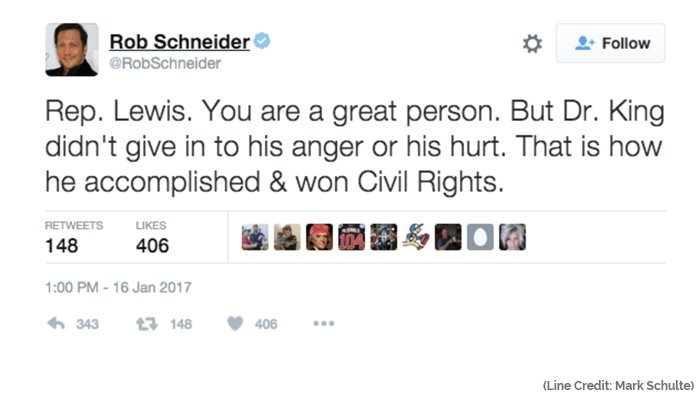 comedywire's tweet photo. People are angry at Rob Schneider over his tweet against Sen. Lewis. 

On the bright side, it's gonna be so easy to boycott his movies. https://t.co/3eD9S6tUXM