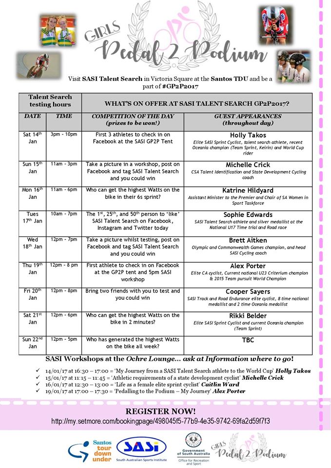 At #TDU, the <a href="/SASI_Talent_ID/">SASI Talent Search</a> talent search 'Girls Pedal2Podium' for females aged 12-20 is on all week! Head to their tent for more info!