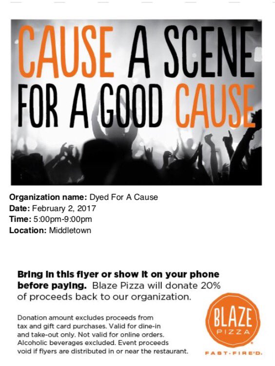dyedforacause's tweet photo. Come support @dyedforacause at @BlazePizza Thursday, February 2. https://t.co/1Q4SXdflEr