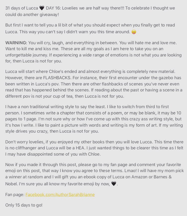 AuthorSarahBri's tweet photo. #31daysofLucca π€ DAY 16: Half way there lovelies! Who is ready for another giveaway!!
#only15daystogo https://t.co/t0BSDjxvT2