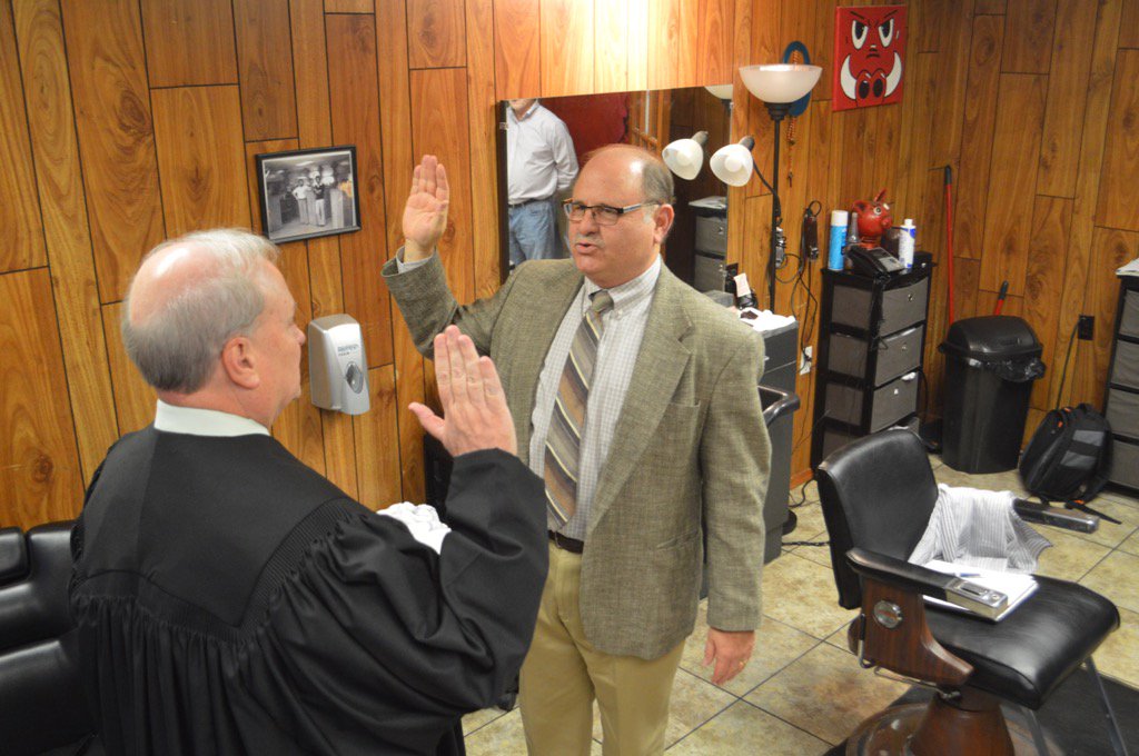 myARDOT's tweet photo. SPRINGDALE: Congratulations to our new Commissioner Philip Taldo, sworn in today at Rex Bailey's barbershop. #ARNews https://t.co/gefP6JzHDB