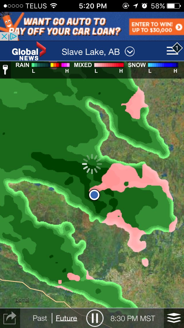 SL_Weather's tweet image. Current models showing rain for the Slave Lake area starting around 8:15pm MST #abstorm #cyzh #slavelake