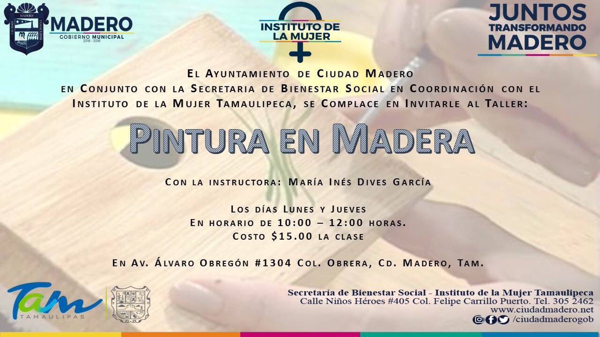 ciudadmaderogob's tweet photo. Los invitamos a que participen a los diversos talleres que el Instituto de la Mujer de #CdMadero tiene para ti. #JuntosTransformandoMadero https://t.co/sVmRREP1Ip