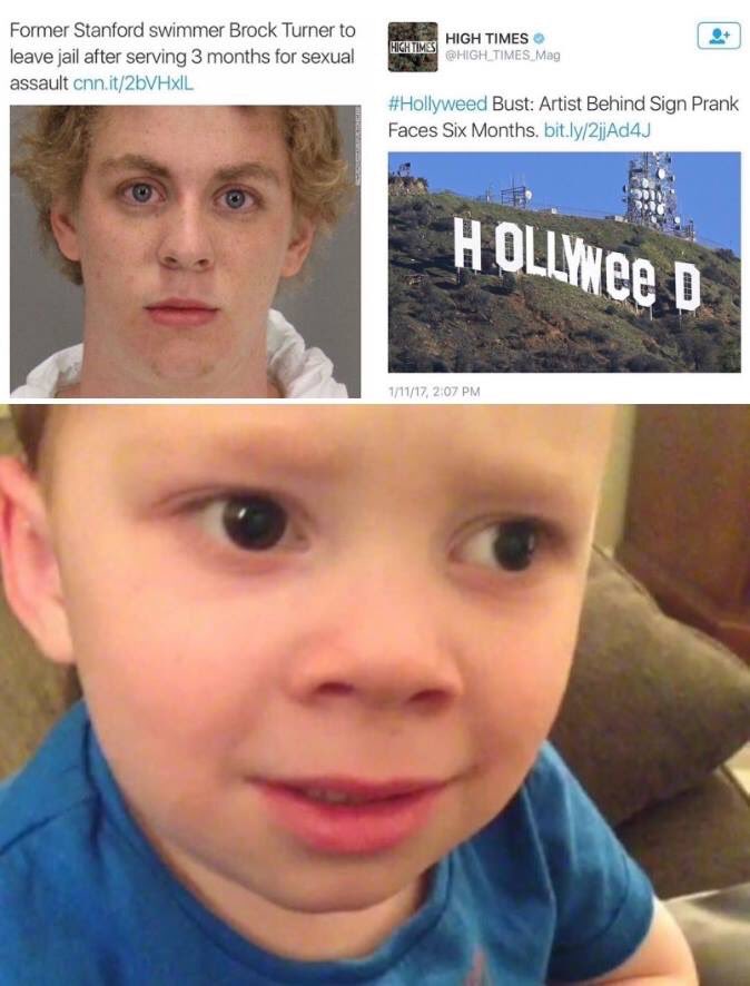 ILLCannon's tweet photo. The #Hollyweed sign guy will get 6 months while #BrockTurner got 3 months for raping an unconscious woman behind a dumpster... https://t.co/j4MaQuWnJP