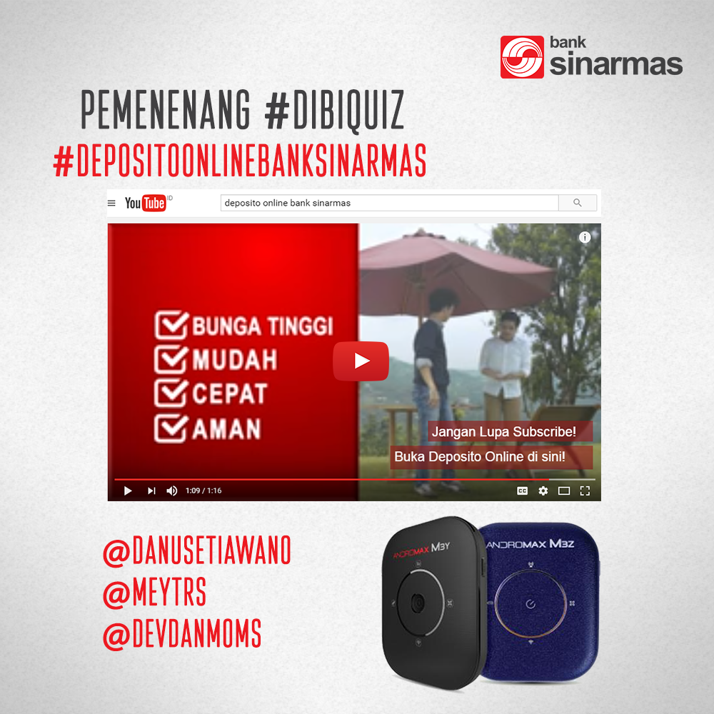 DB_Sinarmas's tweet photo. Selamat, inilah pemenang  #DiBiQuiz Youtube
#Depositoonlinebanksinarmas @DanuSetiawano @Meytrs @devdanmoms, cek DM untuk pengiriman hadiah. https://t.co/n9EEMH94OC