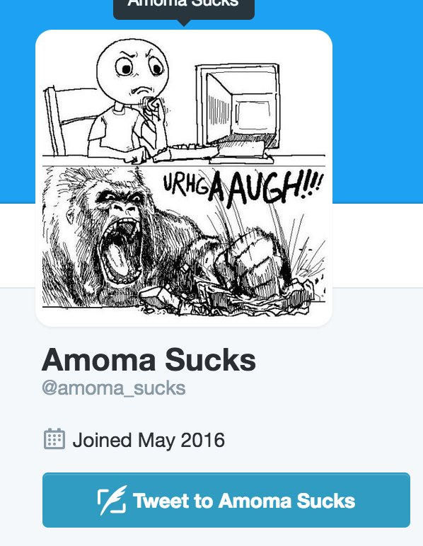 Dorizzdt's tweet photo. Hey @amomacom you know you've hit the tipping point of shitty service when you have twitter account dedicated to hating you @amoma_sucks https://t.co/ffVBM501K5