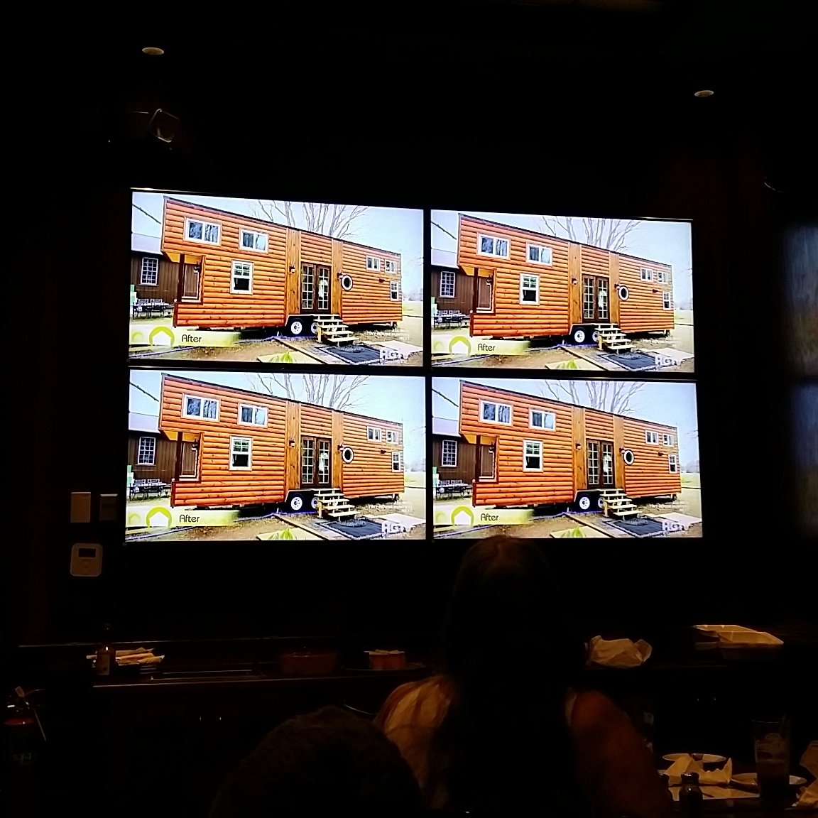 escapade_house's tweet photo. When you see your #tinyhouse on 4 big screens at #hickorytavern! #hgtv #tinyhousehunters #winstonsalemnc  #breastcancersurvivor https://t.co/6hWcgG52Op